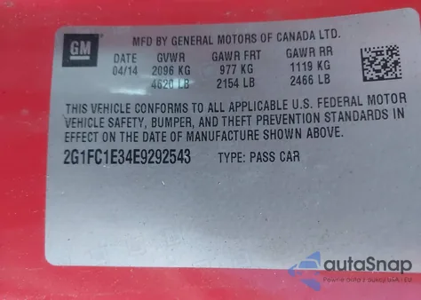 2014 Chevrolet Camaro 2Lt из США, поврежденный, VIN 2G1FC1E34E9292543